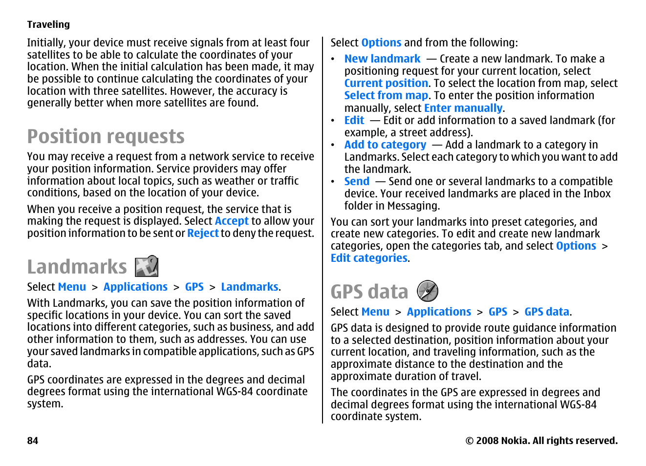 Position requests, Landmarks, Gps data | Nokia E75 User Manual | Page 84 / 397