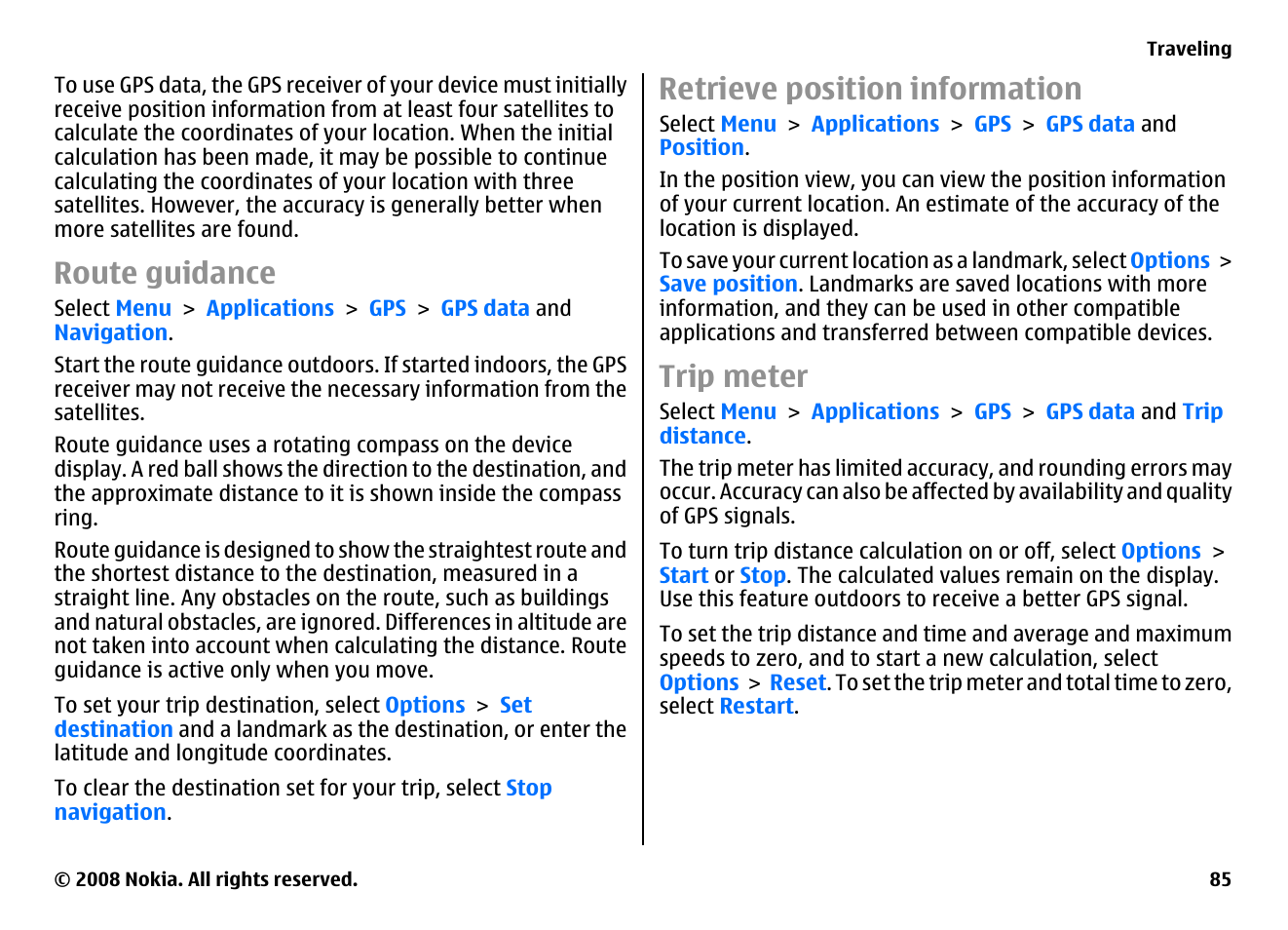 Route guidance, Retrieve position information, Trip meter | Nokia E75 User Manual | Page 85 / 397