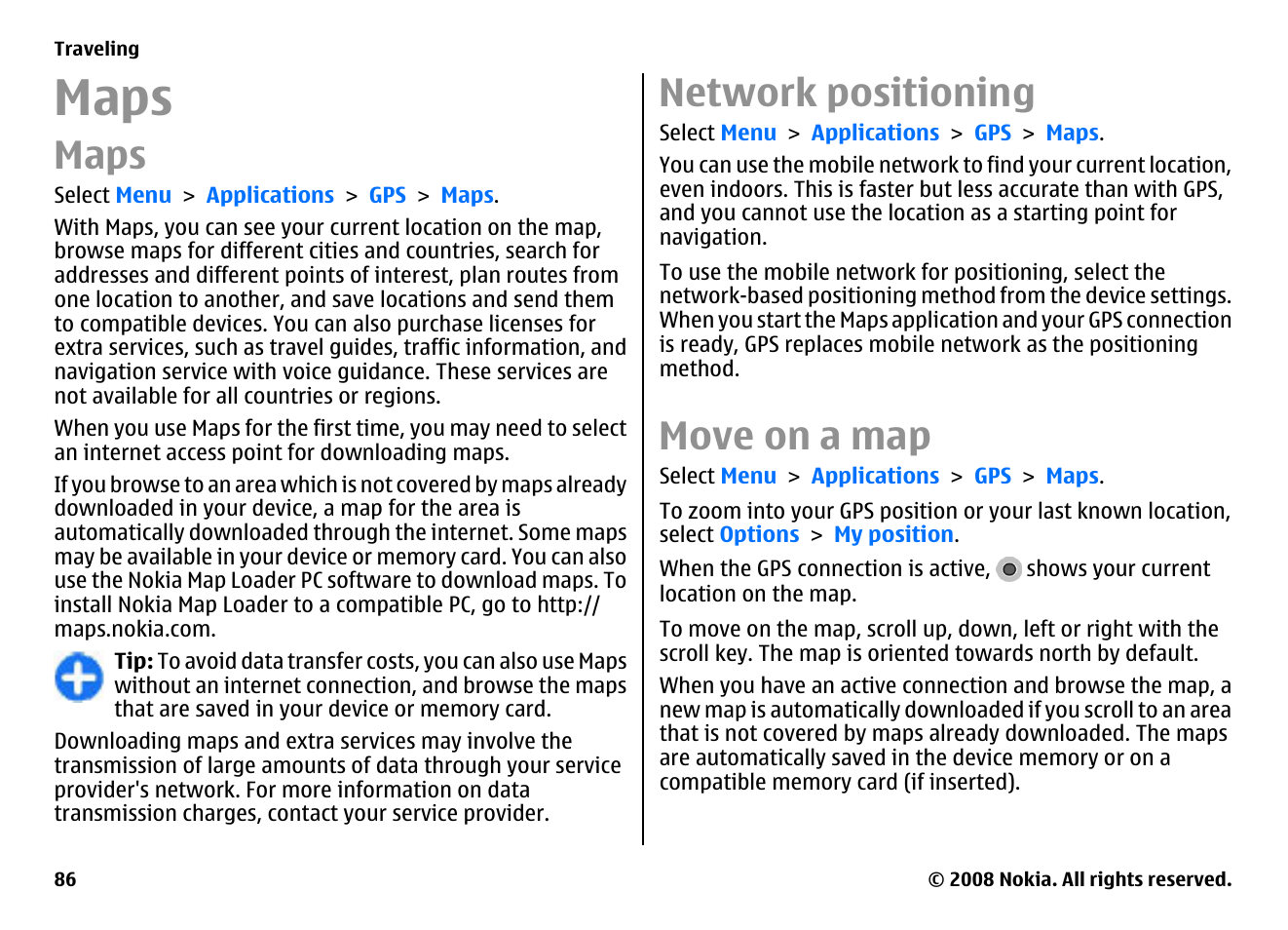 Maps, Network positioning, Move on a map | Nokia E75 User Manual | Page 86 / 397
