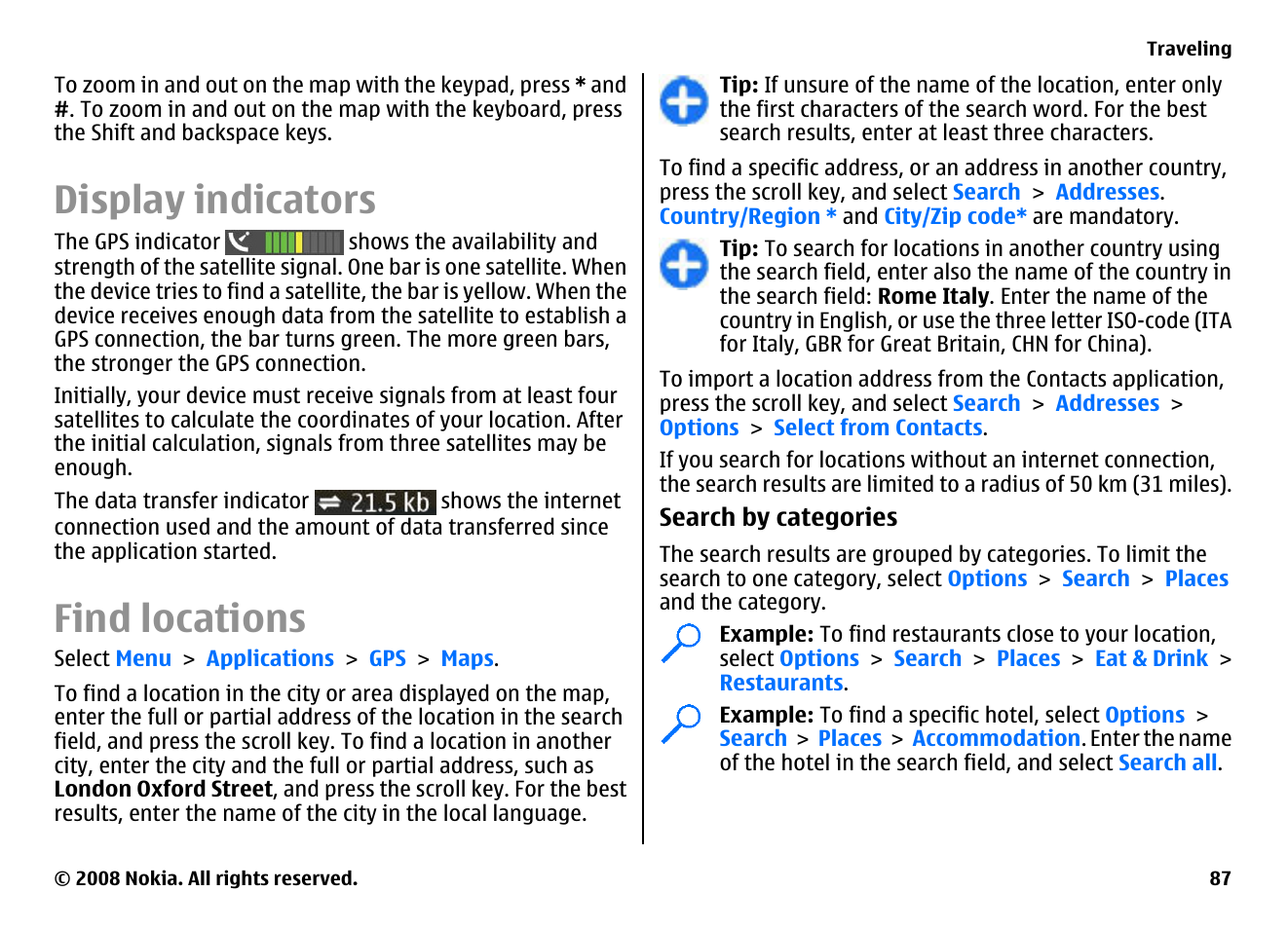 Display indicators, Find locations | Nokia E75 User Manual | Page 87 / 397