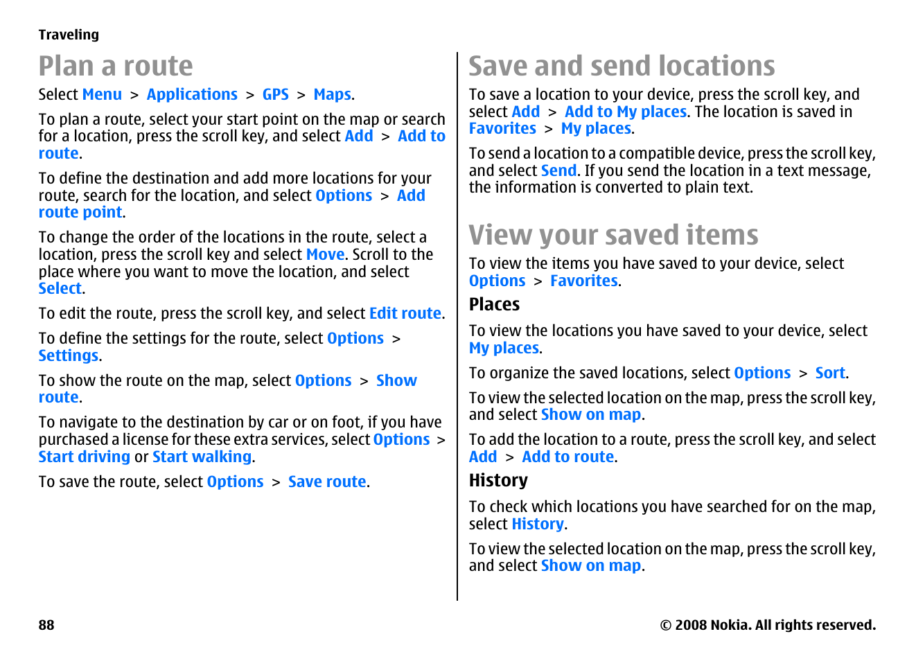 Plan a route, Save and send locations, View your saved items | Nokia E75 User Manual | Page 88 / 397