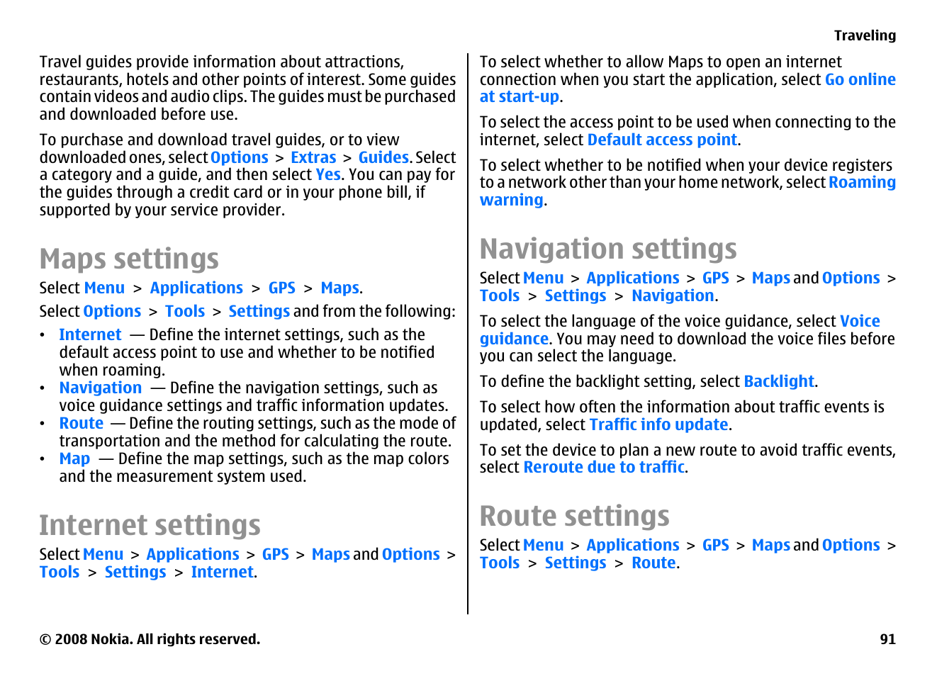 Maps settings, Internet settings, Navigation settings | Route settings | Nokia E75 User Manual | Page 91 / 397