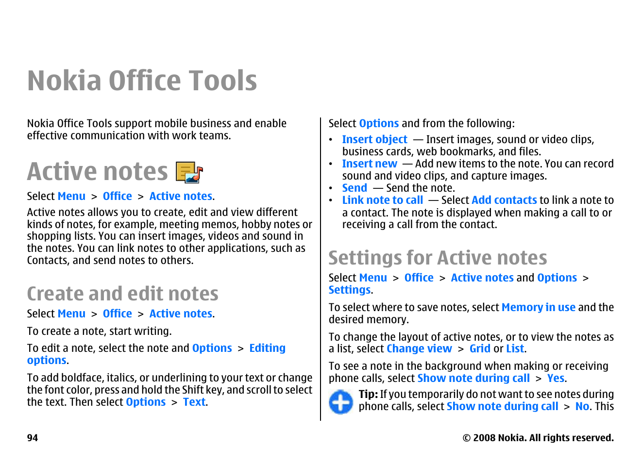 Nokia office tools, Active notes, Create and edit notes | Settings for active notes | Nokia E75 User Manual | Page 94 / 397