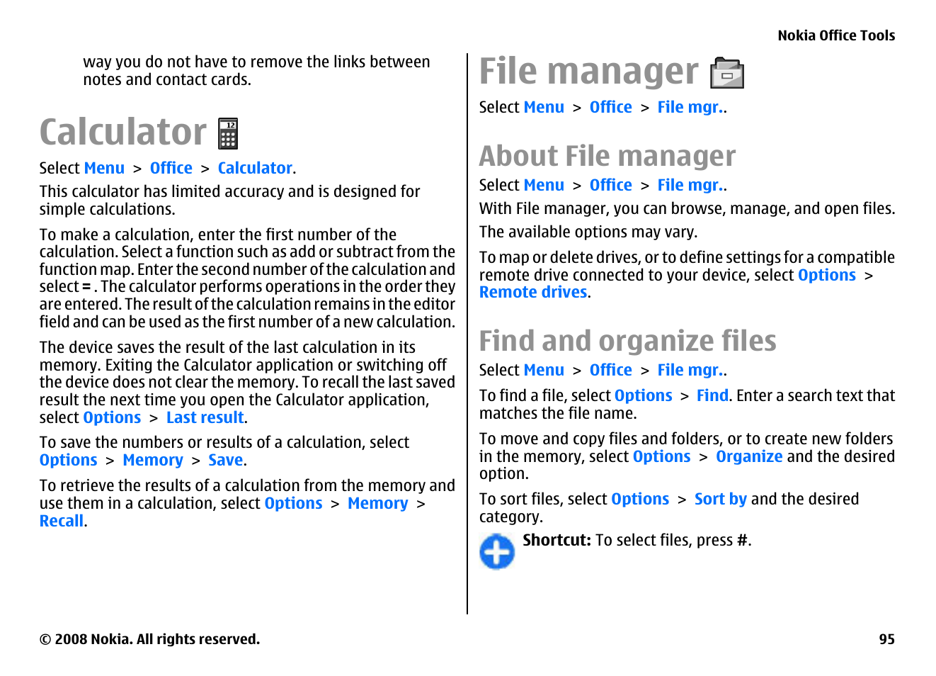 Calculator, File manager, About file manager | Find and organize files | Nokia E75 User Manual | Page 95 / 397