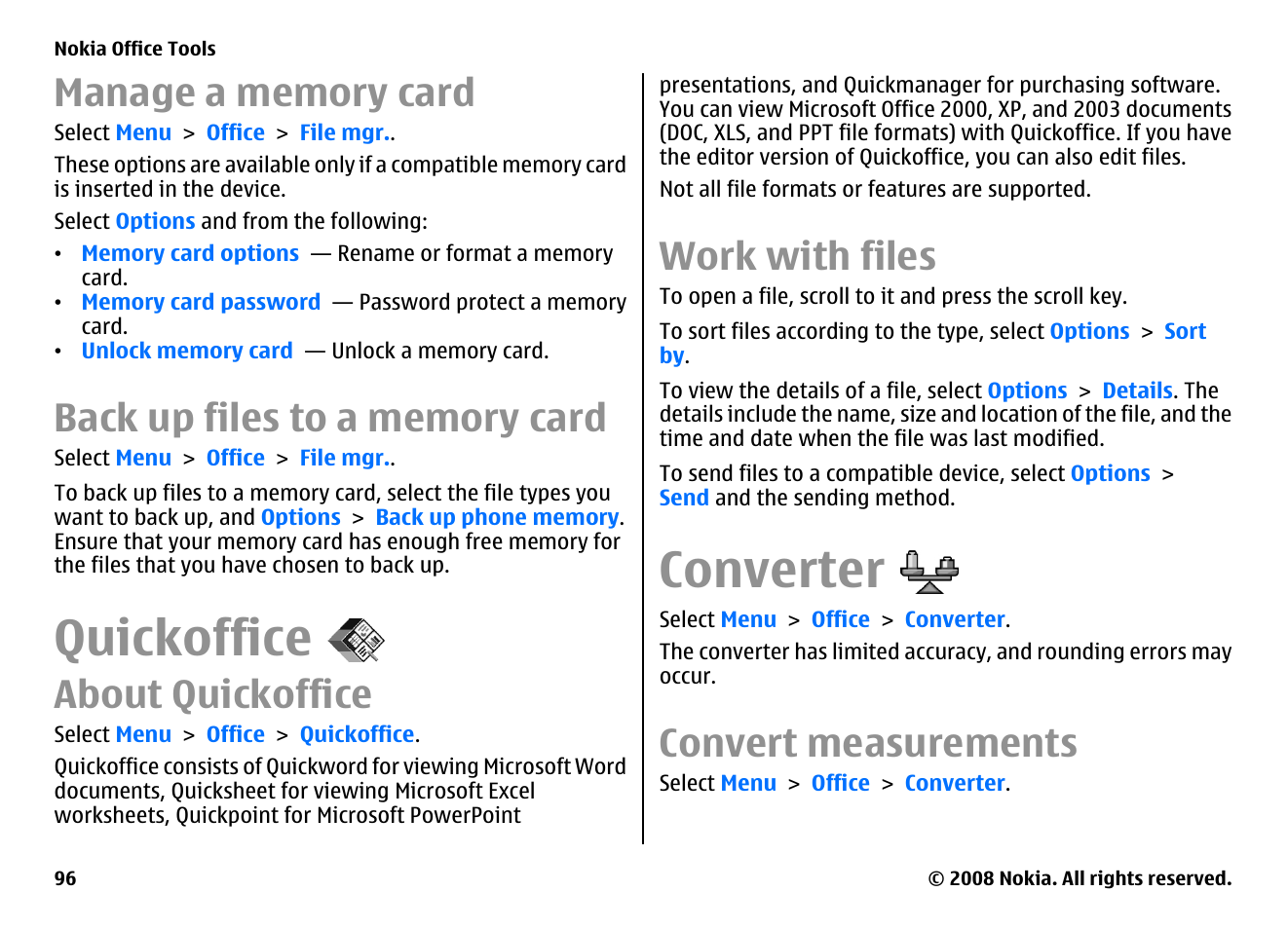 Manage a memory card, Back up files to a memory card, Quickoffice | About quickoffice, Work with files, Converter, Convert measurements | Nokia E75 User Manual | Page 96 / 397