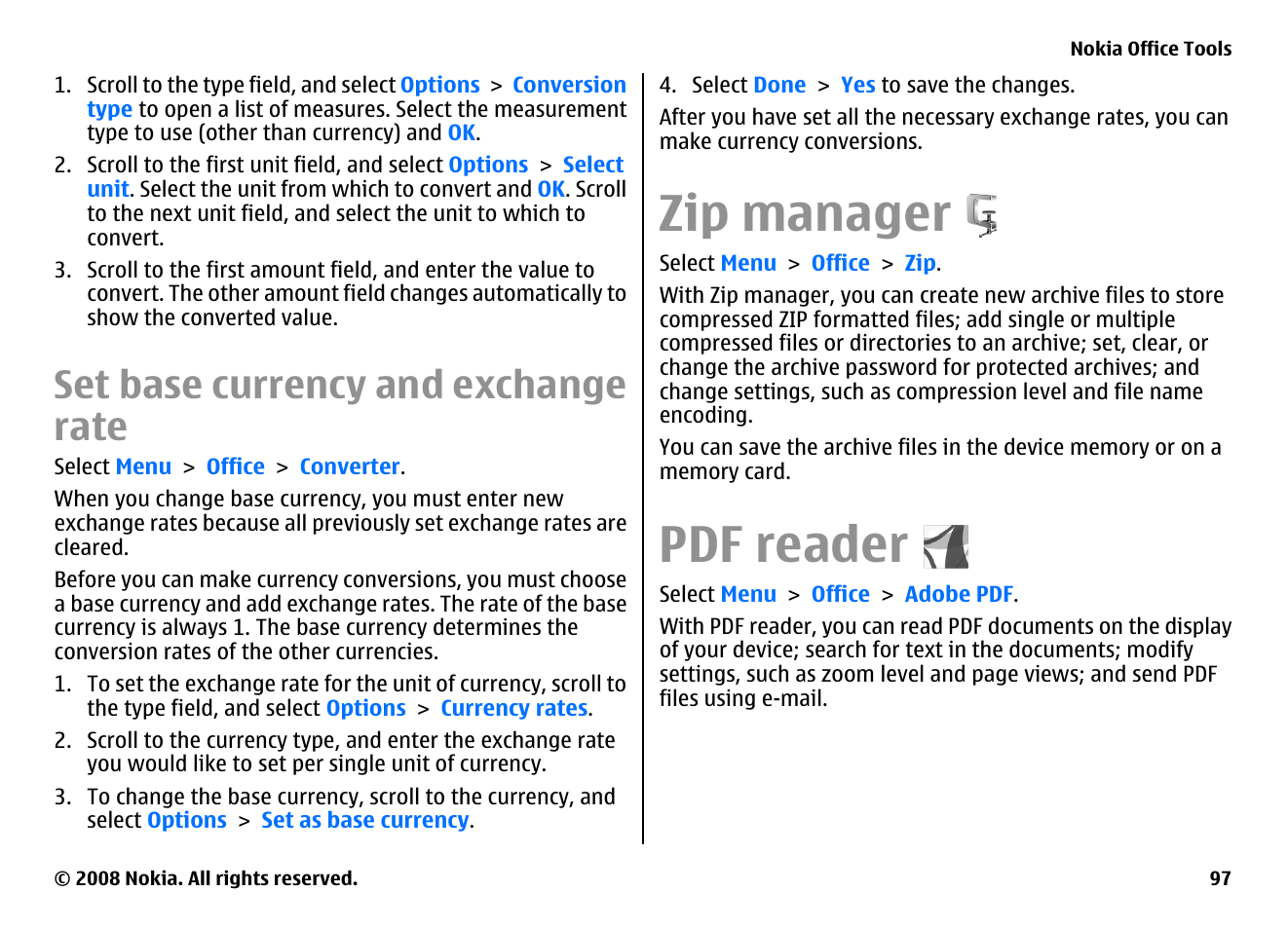 Set base currency and exchange rate, Zip manager, Pdf reader | Nokia E75 User Manual | Page 97 / 397