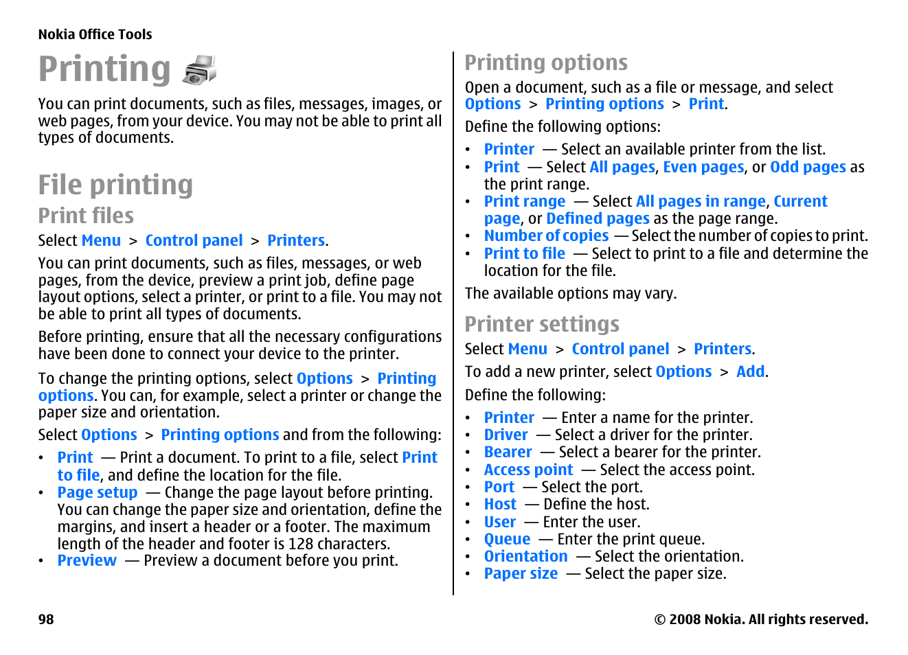 Printing, File printing, Print files | Printing options, Printer settings | Nokia E75 User Manual | Page 98 / 397