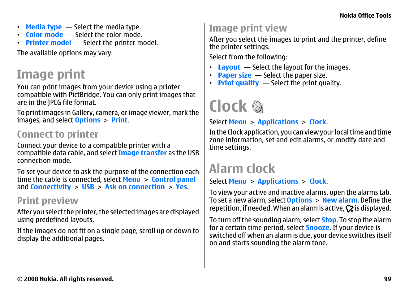 Image print, Connect to printer, Print preview | Image print view, Clock, Alarm clock | Nokia E75 User Manual | Page 99 / 397