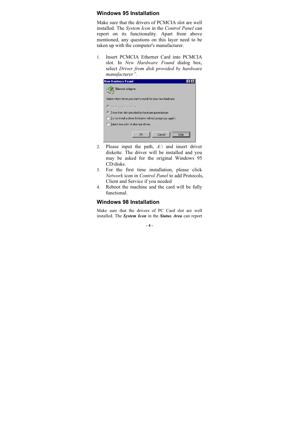 Windows 95 installation, Windows 98 installation | Abocom RE450MX User Manual | Page 6 / 13