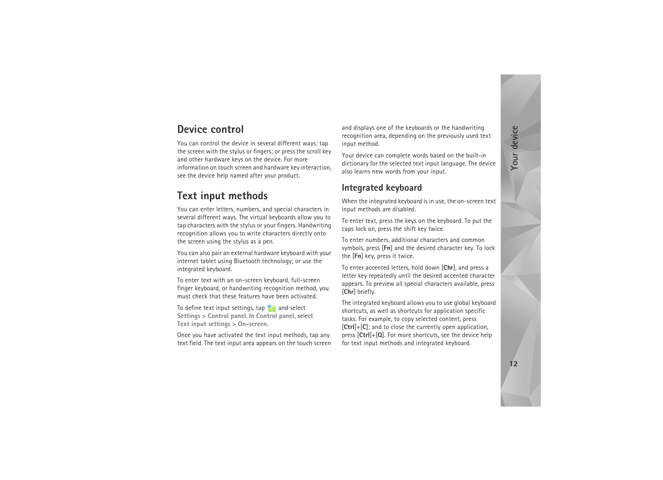 Device control, Text input methods, Integrated keyboard | Device control text input methods | Nokia N810 WiMax User Manual | Page 12 / 54