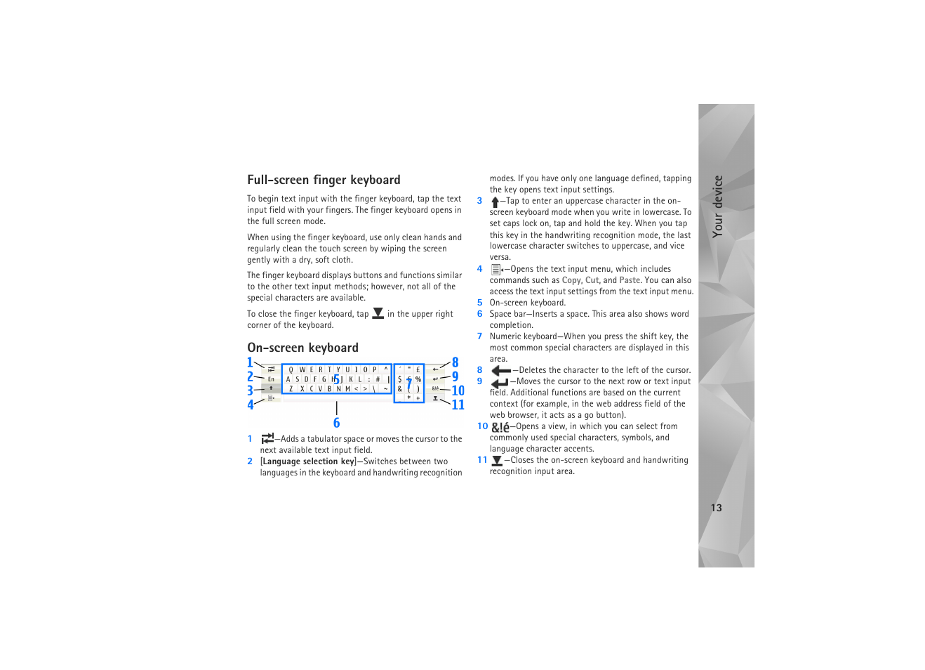 Full-screen finger keyboard, On-screen keyboard, Full-screen finger keyboard on-screen keyboard | Your device | Nokia N810 WiMax User Manual | Page 13 / 54