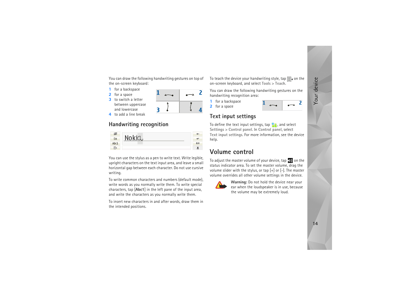 Handwriting recognition, Text input settings, Volume control | Handwriting recognition text input settings | Nokia N810 WiMax User Manual | Page 14 / 54