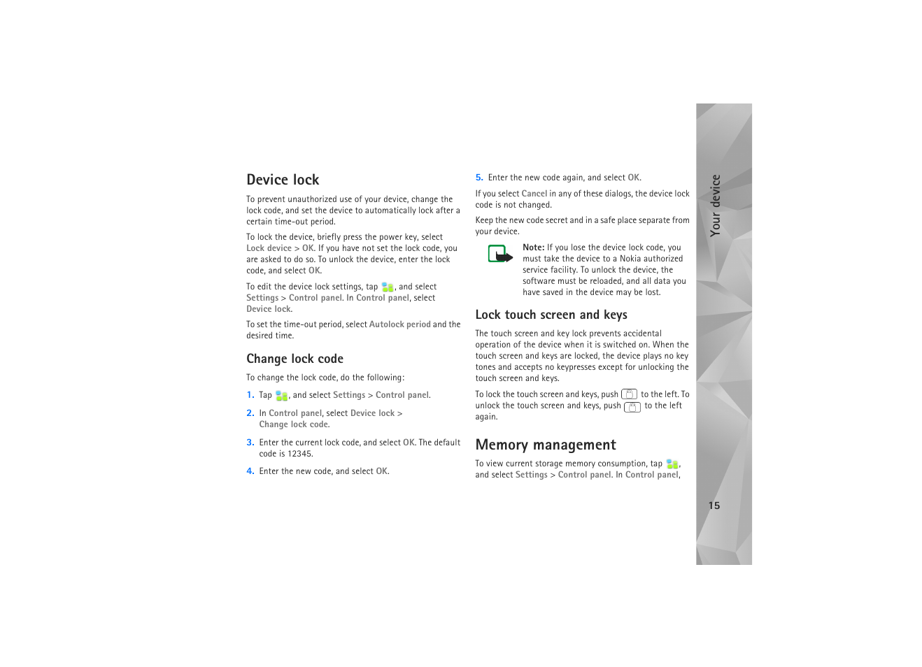 Device lock, Change lock code, Lock touch screen and keys | Memory management, Change lock code lock touch screen and keys, Your device | Nokia N810 WiMax User Manual | Page 15 / 54