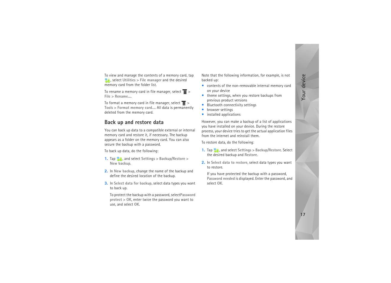 Back up and restore data, Your device | Nokia N810 WiMax User Manual | Page 17 / 54