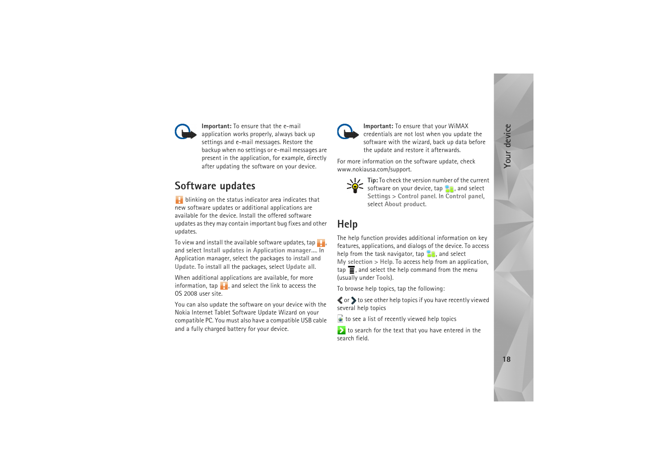 Software updates, Help, Software updates help | Your device | Nokia N810 WiMax User Manual | Page 18 / 54