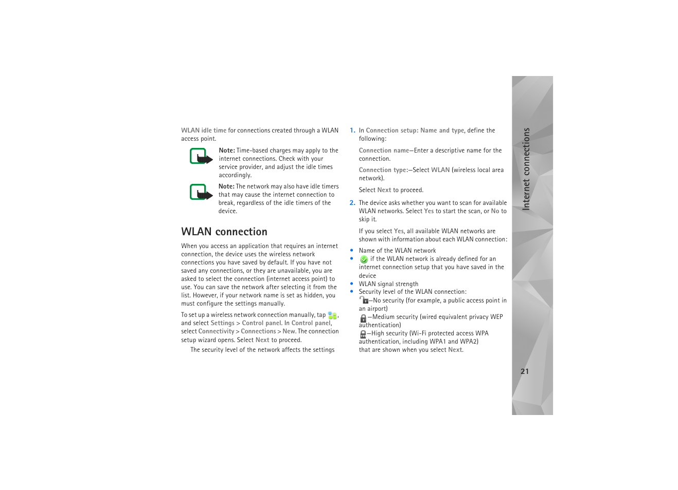 Wlan connection, Internet con n ec tions | Nokia N810 WiMax User Manual | Page 21 / 54