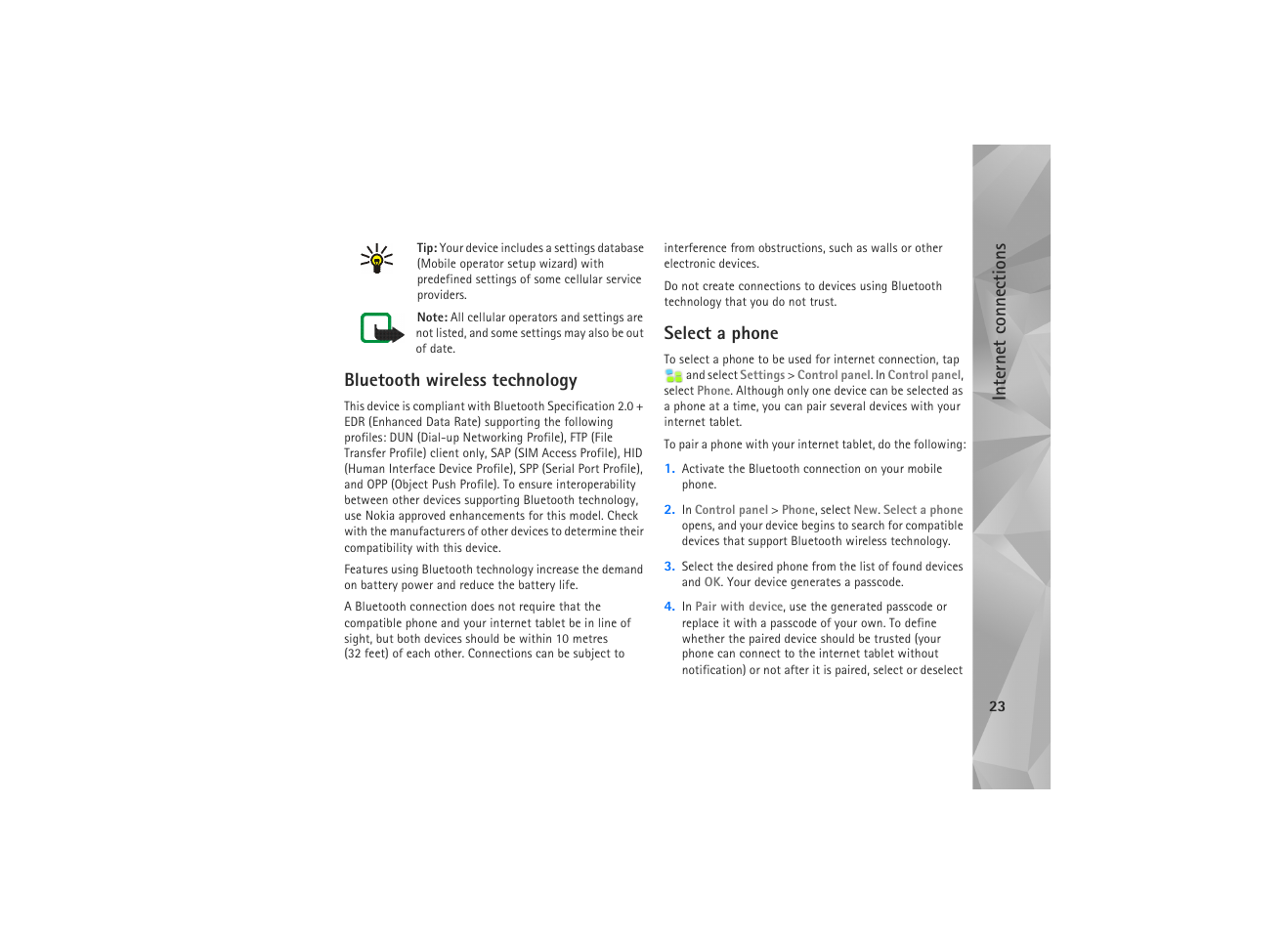 Bluetooth wireless technology, Select a phone, Bluetooth wireless technology select a phone | Nokia N810 WiMax User Manual | Page 23 / 54
