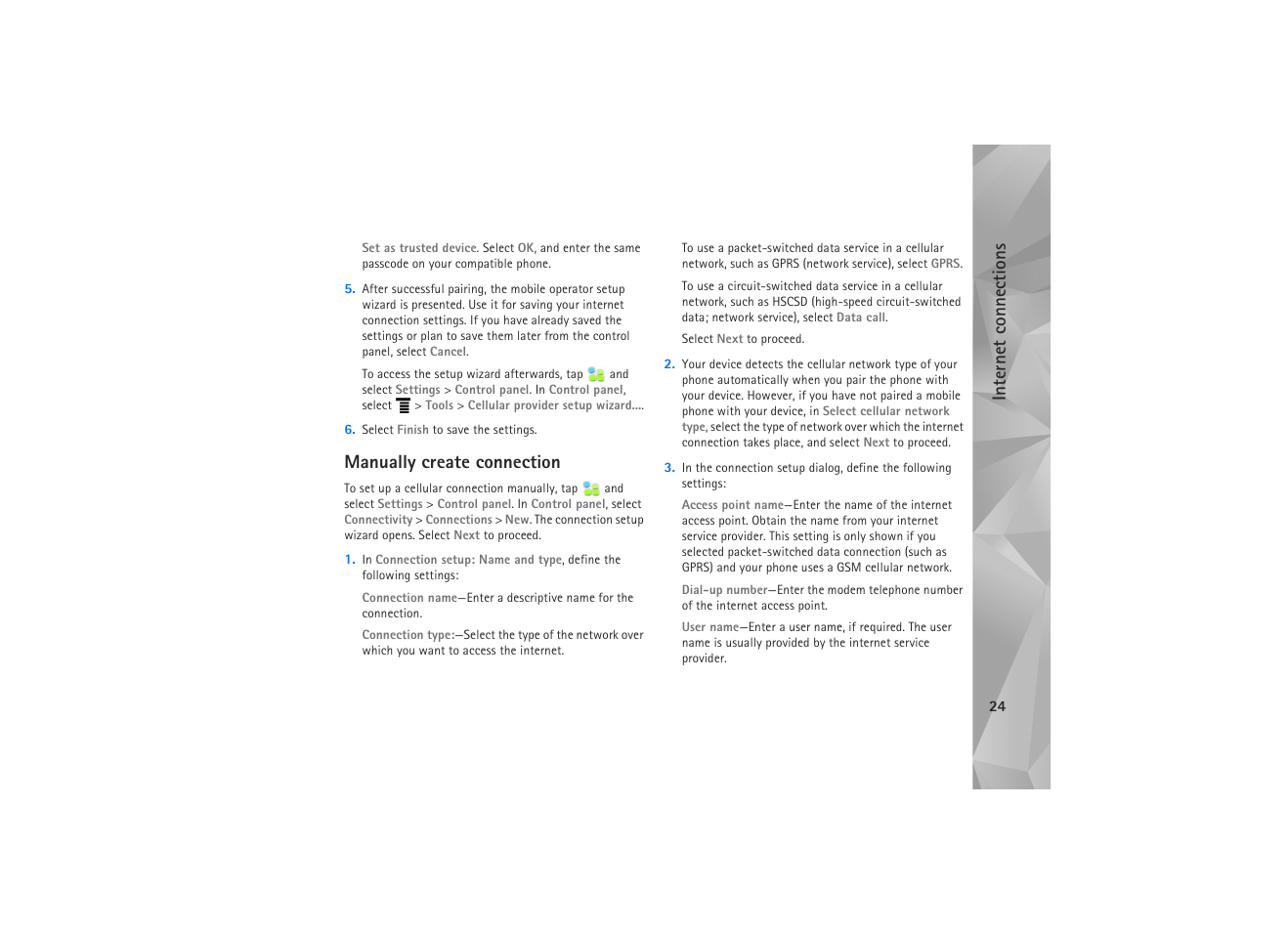 Manually create connection, Internet con n ec tions | Nokia N810 WiMax User Manual | Page 24 / 54