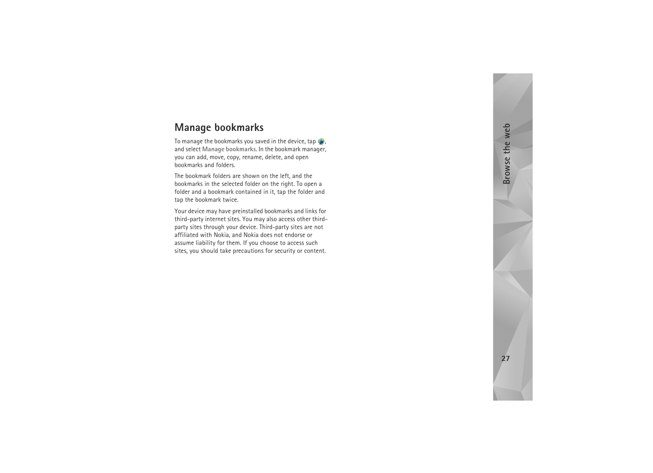 Manage bookmarks | Nokia N810 WiMax User Manual | Page 27 / 54