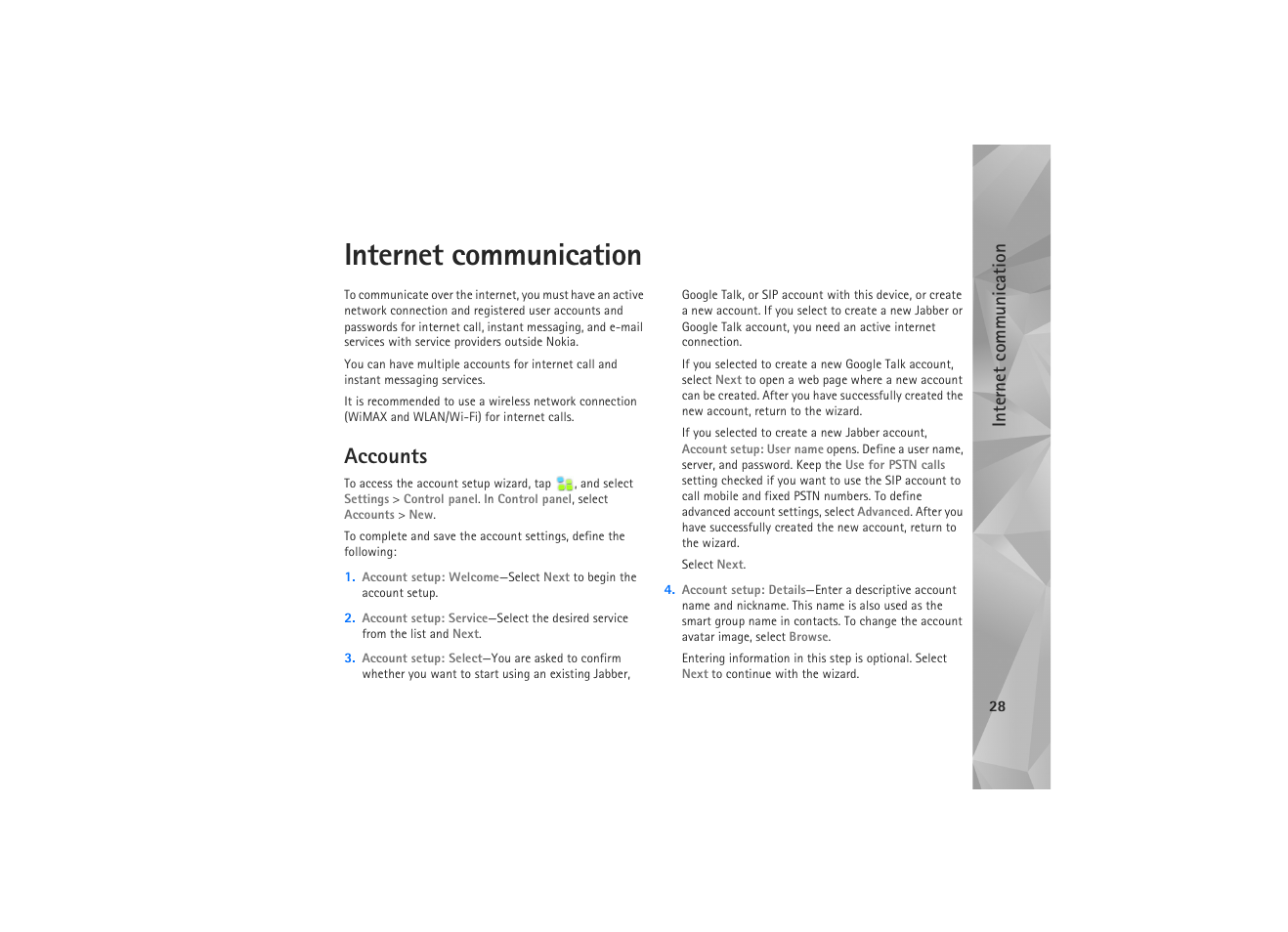 Internet communication, Accounts, Internet commun ication | Nokia N810 WiMax User Manual | Page 28 / 54