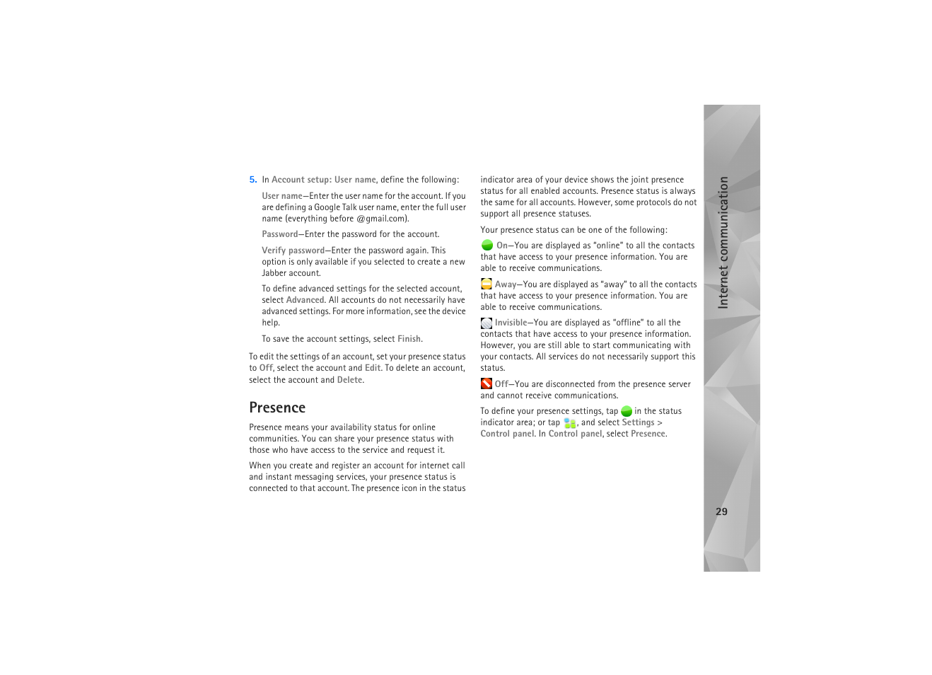 Presence, Internet commun ication | Nokia N810 WiMax User Manual | Page 29 / 54