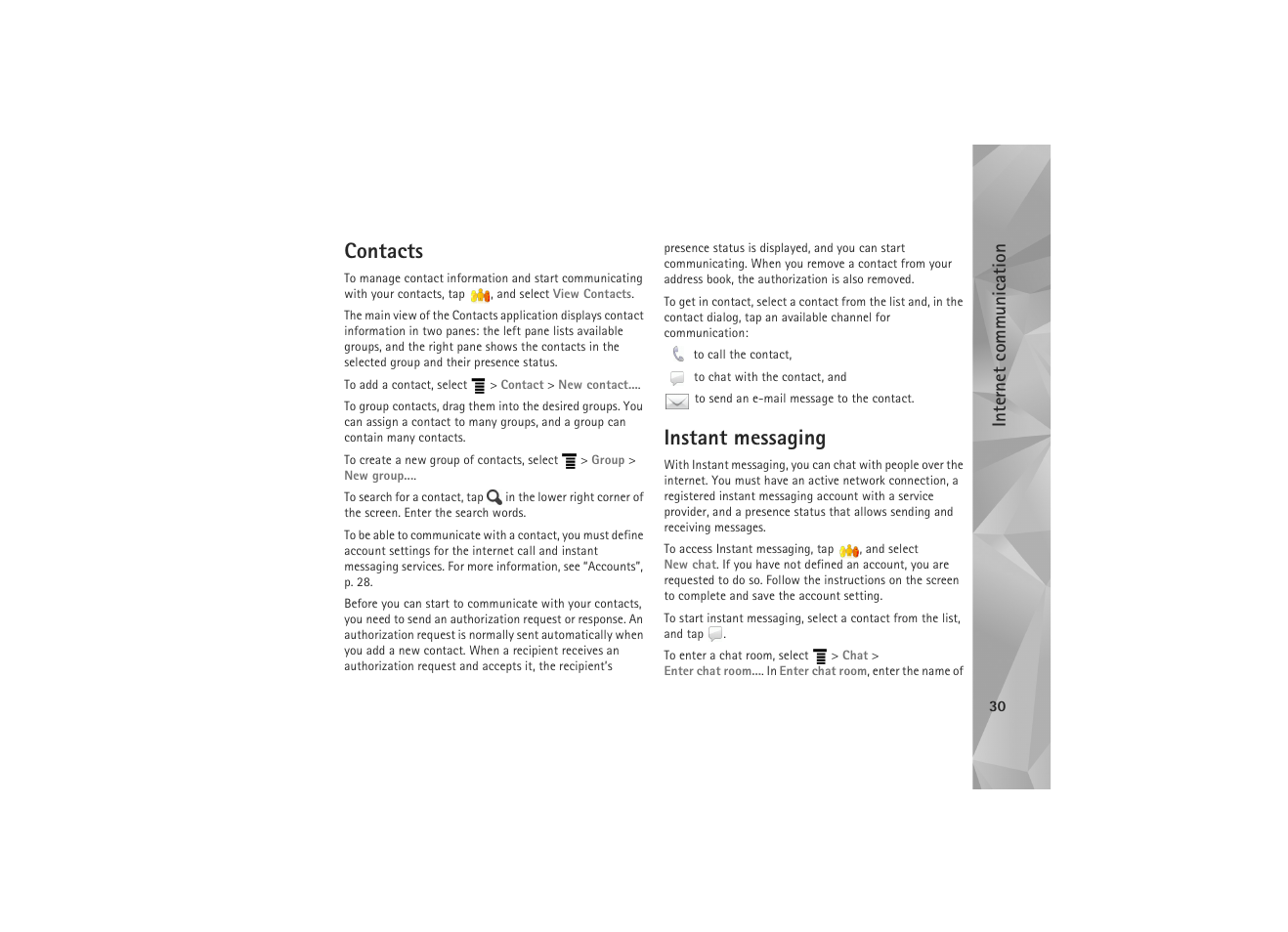Contacts, Instant messaging, Contacts instant messaging | Internet commun ication | Nokia N810 WiMax User Manual | Page 30 / 54
