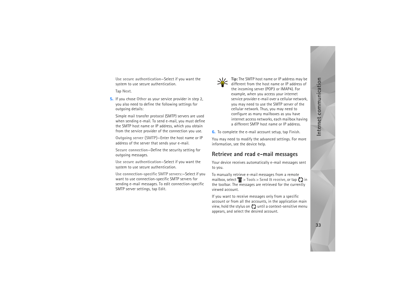 Retrieve and read e-mail messages, Internet commun ication | Nokia N810 WiMax User Manual | Page 33 / 54