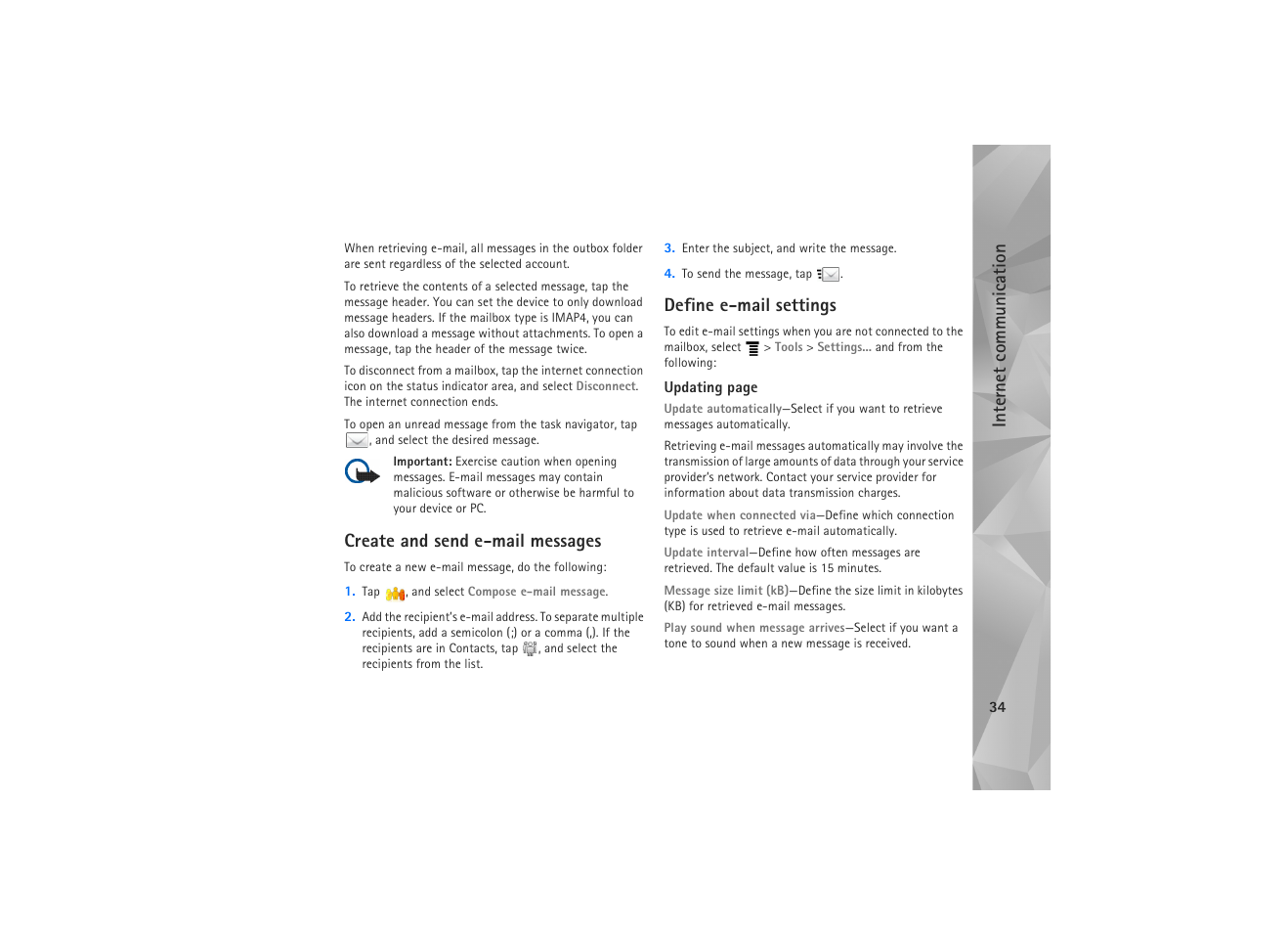 Create and send e-mail messages, Define e-mail settings, Internet commun ication | Nokia N810 WiMax User Manual | Page 34 / 54
