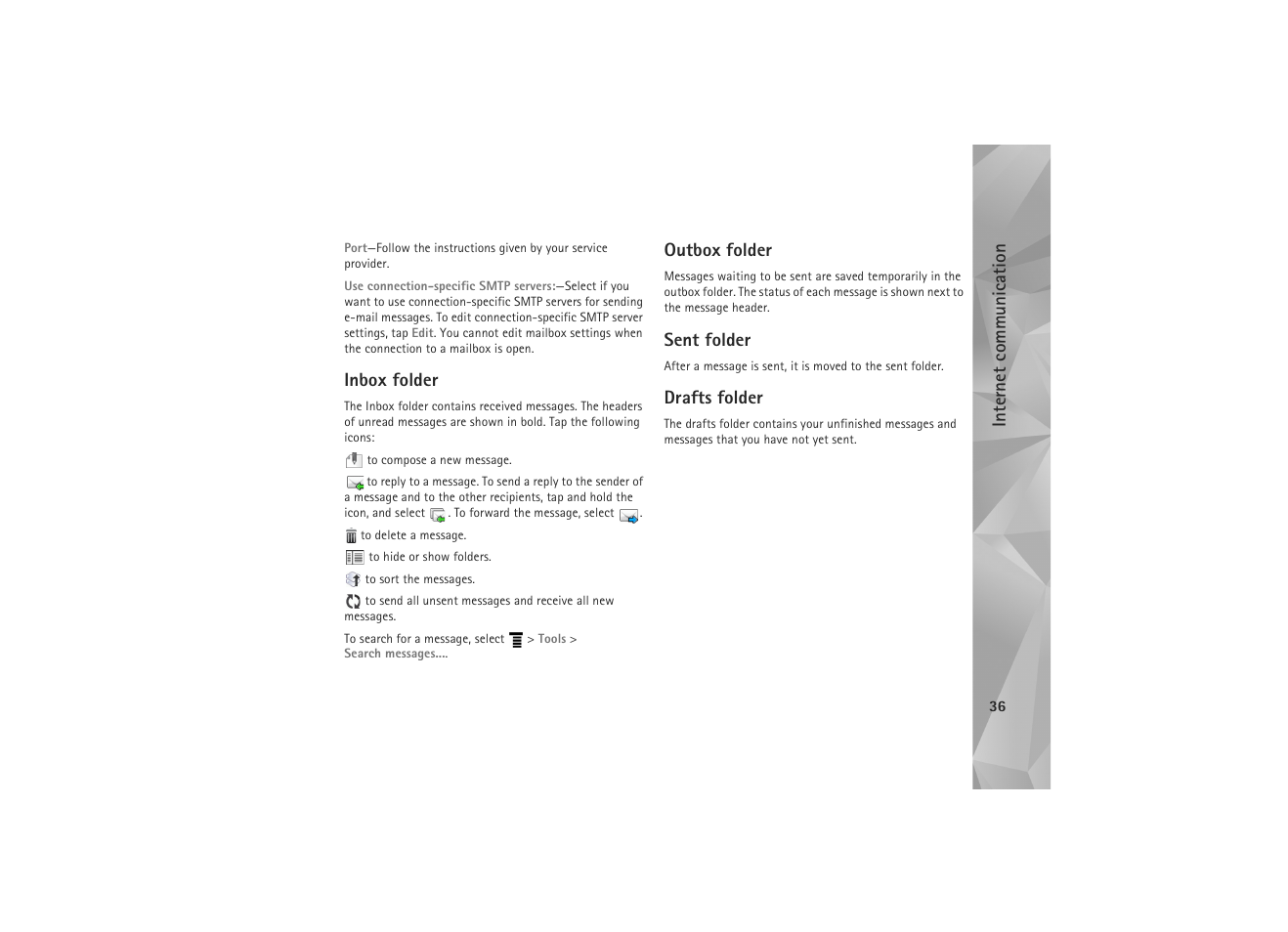 Inbox folder, Outbox folder, Sent folder | Drafts folder | Nokia N810 WiMax User Manual | Page 36 / 54