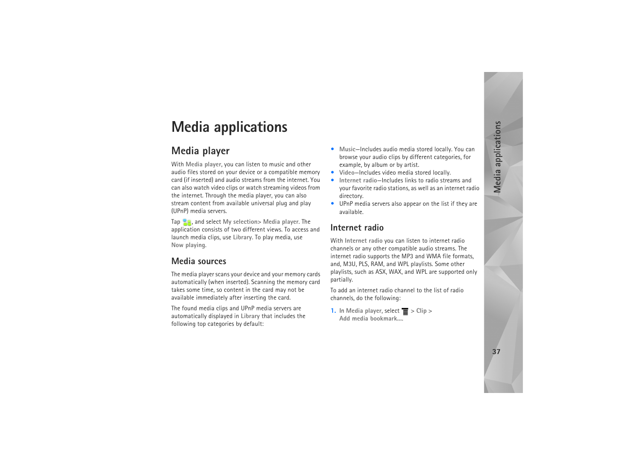 Media applications, Media player, Media sources | Internet radio, Media sources internet radio | Nokia N810 WiMax User Manual | Page 37 / 54