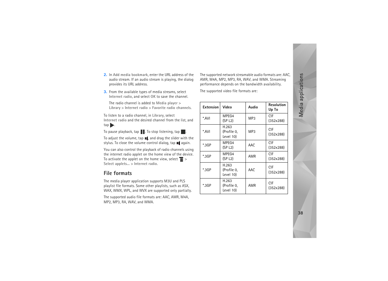 File formats, Me dia a ppli cations | Nokia N810 WiMax User Manual | Page 38 / 54