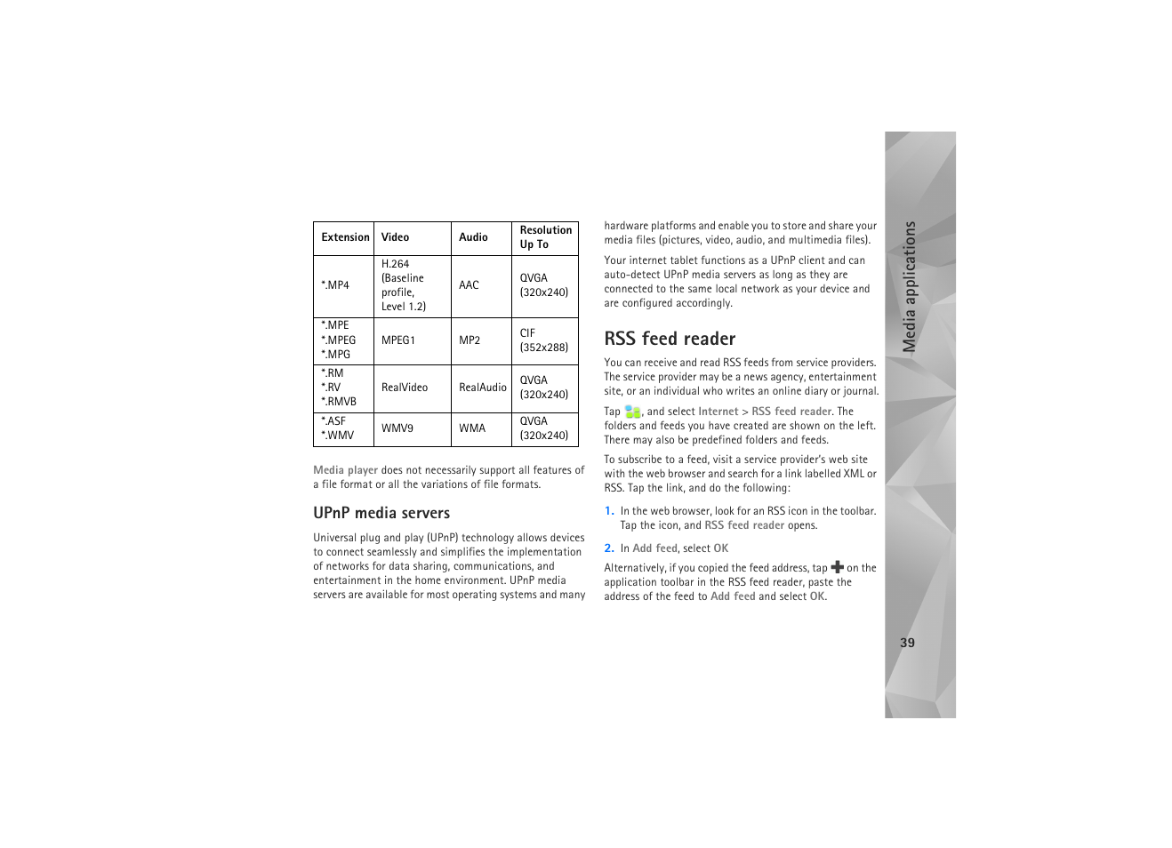 Upnp media servers, Rss feed reader, Me dia a ppli cations | Nokia N810 WiMax User Manual | Page 39 / 54