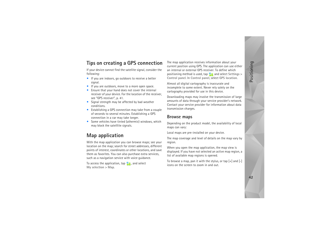 Tips on creating a gps connection, Map application, Browse maps | Tips on creating a gps connection map application | Nokia N810 WiMax User Manual | Page 42 / 54