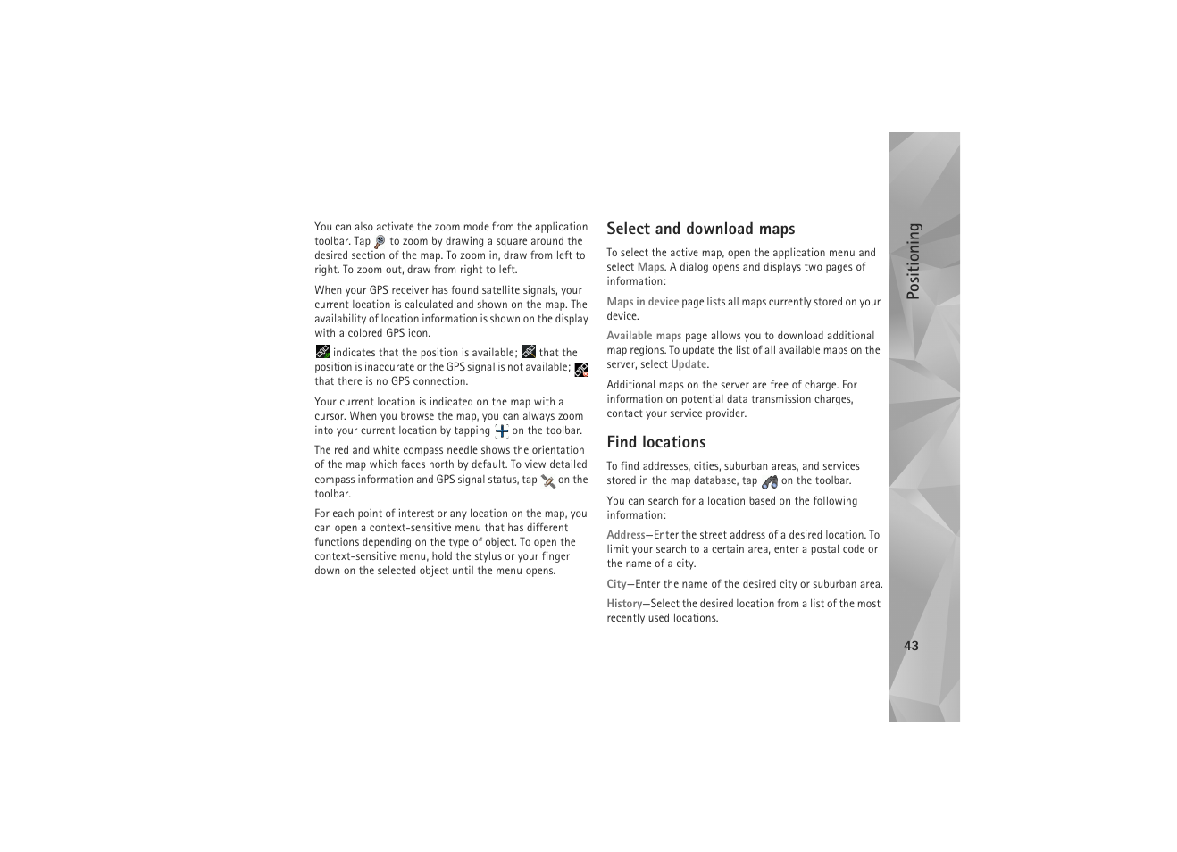 Select and download maps, Find locations, Select and download maps find locations | Nokia N810 WiMax User Manual | Page 43 / 54