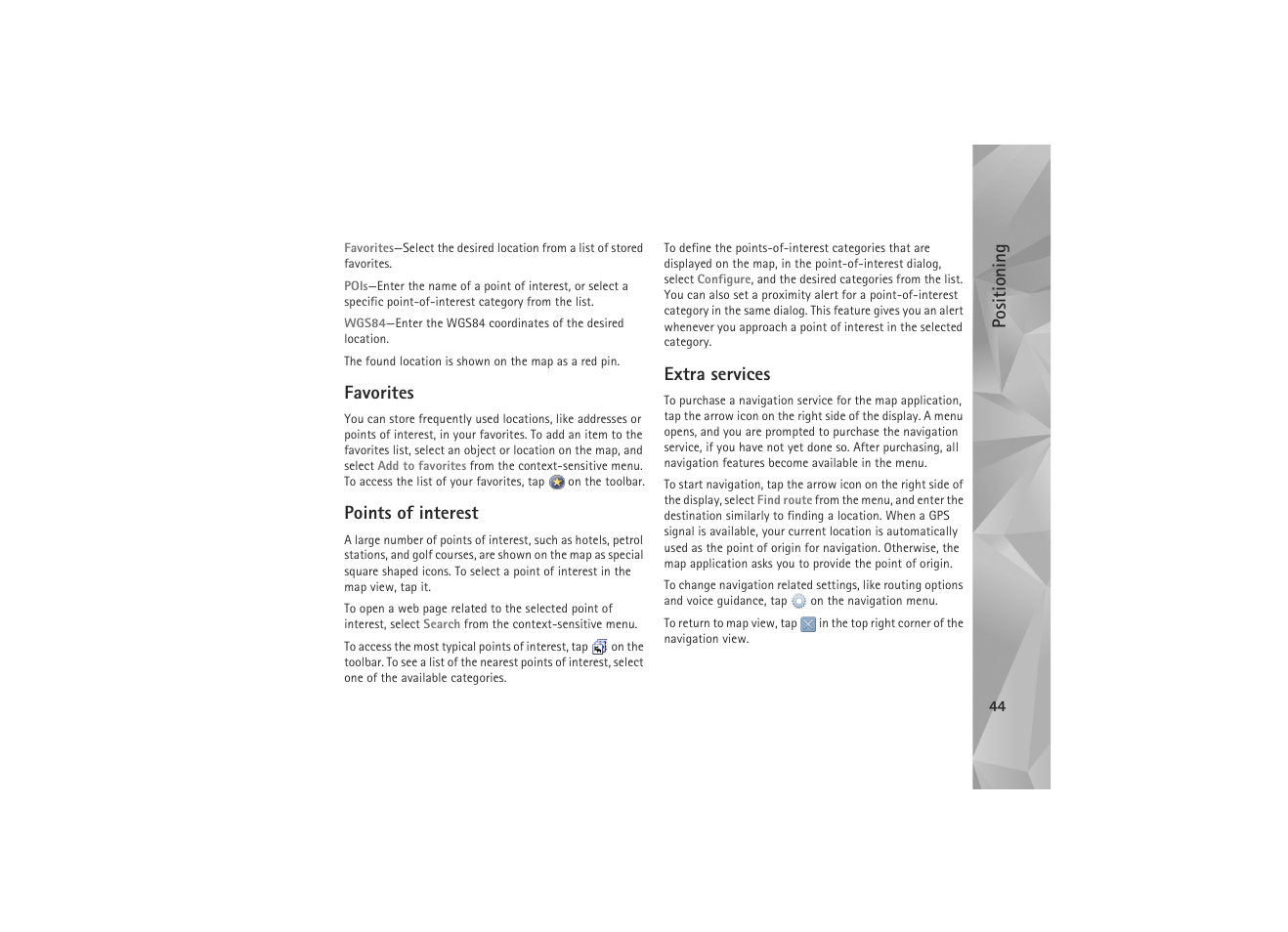 Favorites, Points of interest, Extra services | Favorites points of interest extra services | Nokia N810 WiMax User Manual | Page 44 / 54