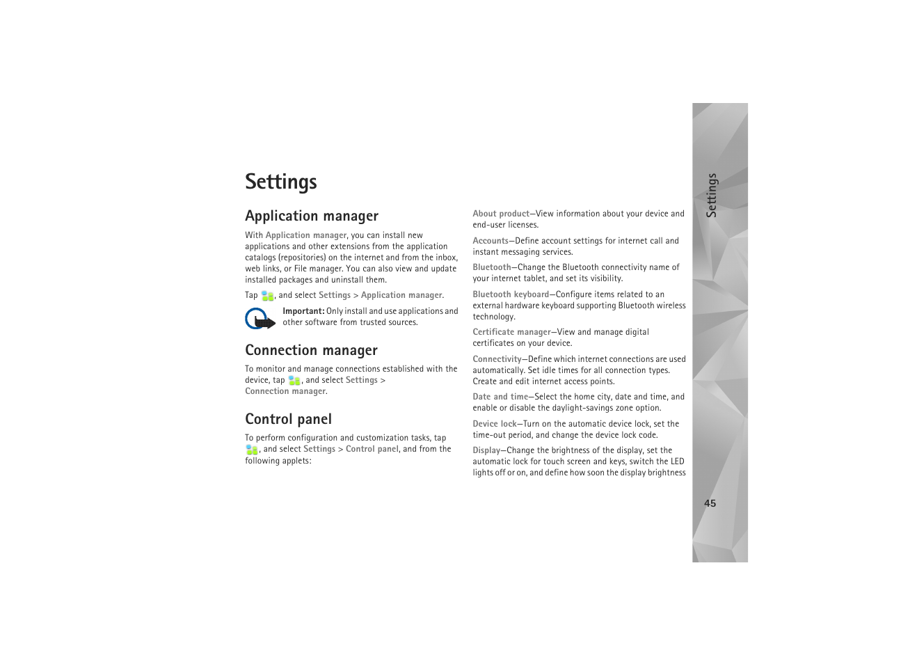 Settings, Application manager, Connection manager | Control panel, Application manager connection manager | Nokia N810 WiMax User Manual | Page 45 / 54