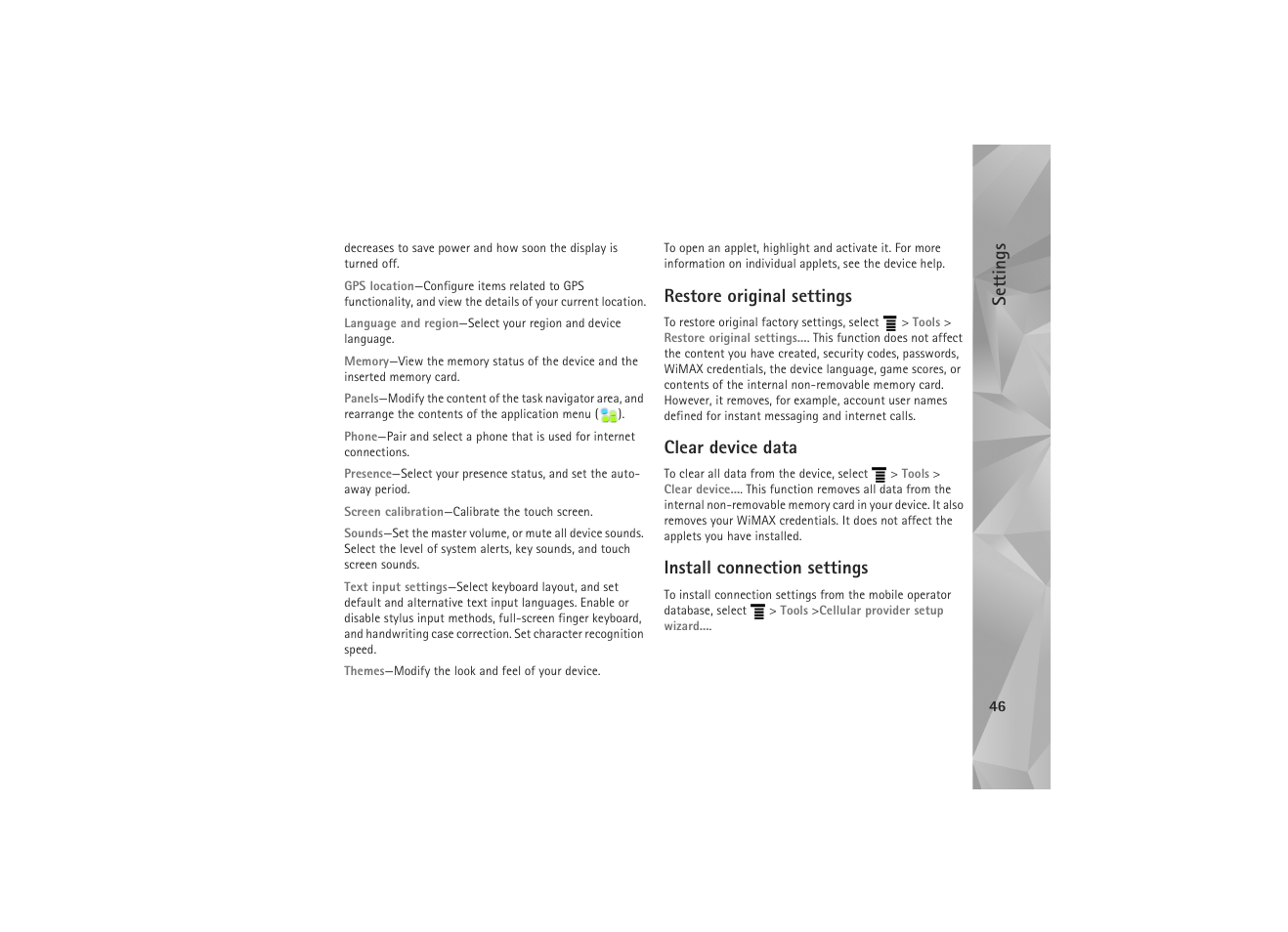 Restore original settings, Clear device data, Install connection settings | Settings | Nokia N810 WiMax User Manual | Page 46 / 54