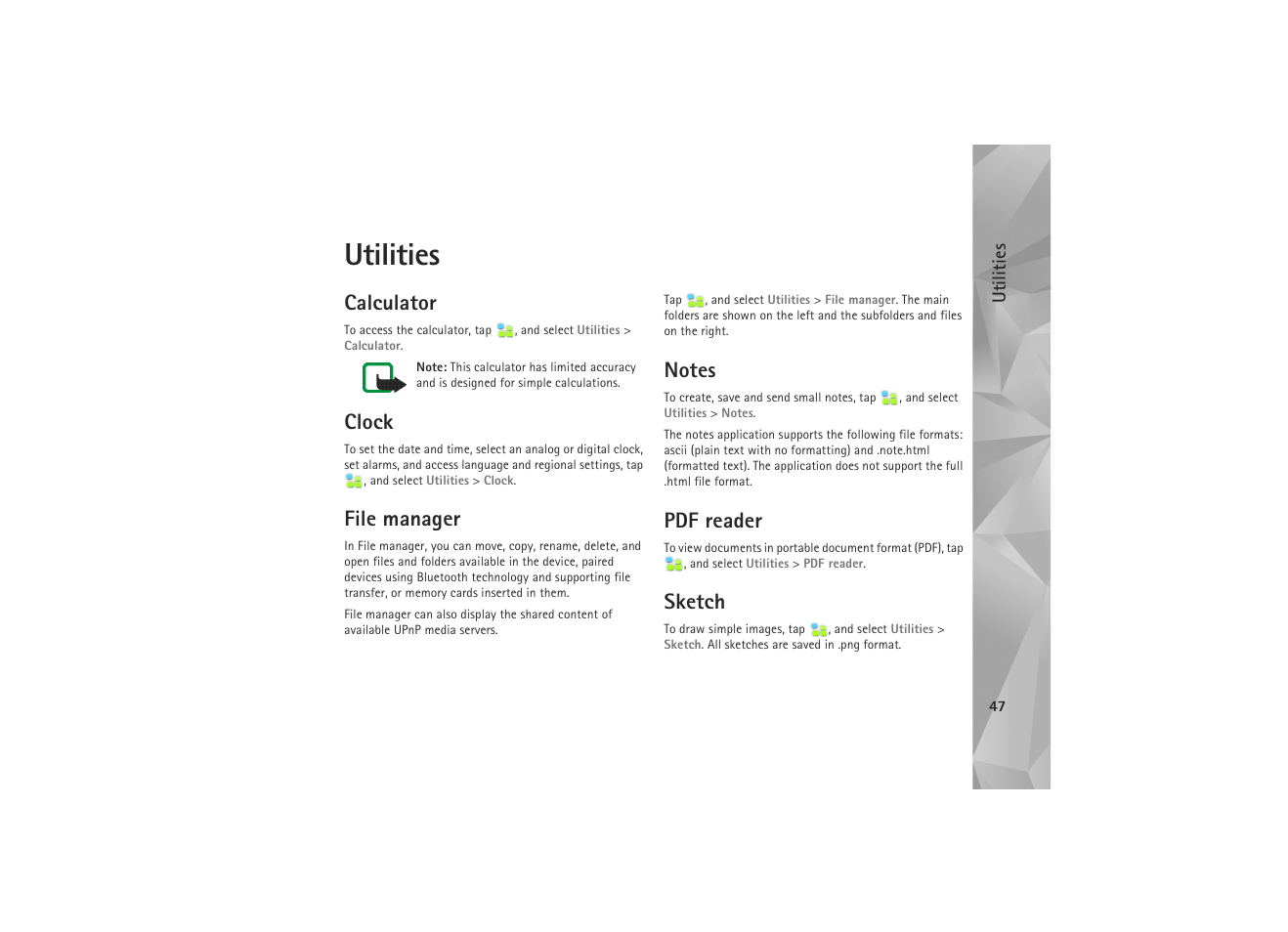Utilities, Calculator, Clock | File manager, Notes, Pdf reader, Sketch | Nokia N810 WiMax User Manual | Page 47 / 54