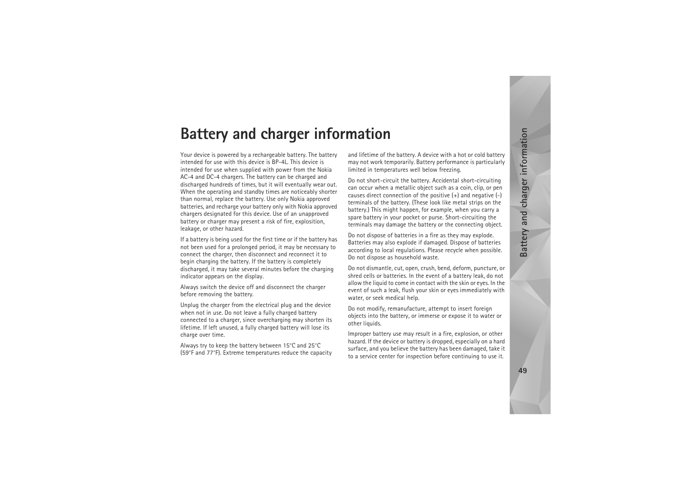 Battery and charger information | Nokia N810 WiMax User Manual | Page 49 / 54