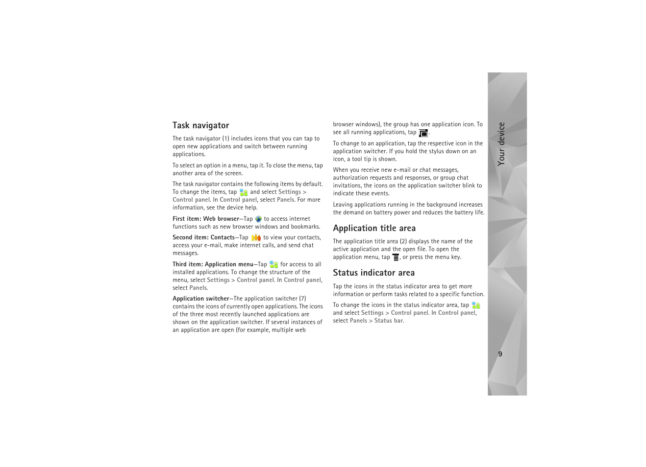 Task navigator, Application title area, Status indicator area | Your device | Nokia N810 WiMax User Manual | Page 9 / 54