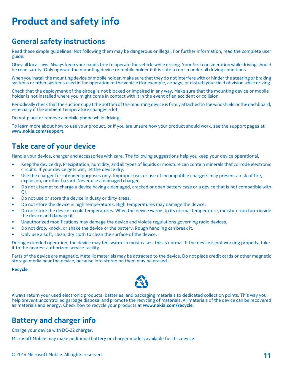 Product and safety info, General safety instructions, Take care of your device | Battery and charger info | Nokia CR-200 User Manual | Page 11 / 12