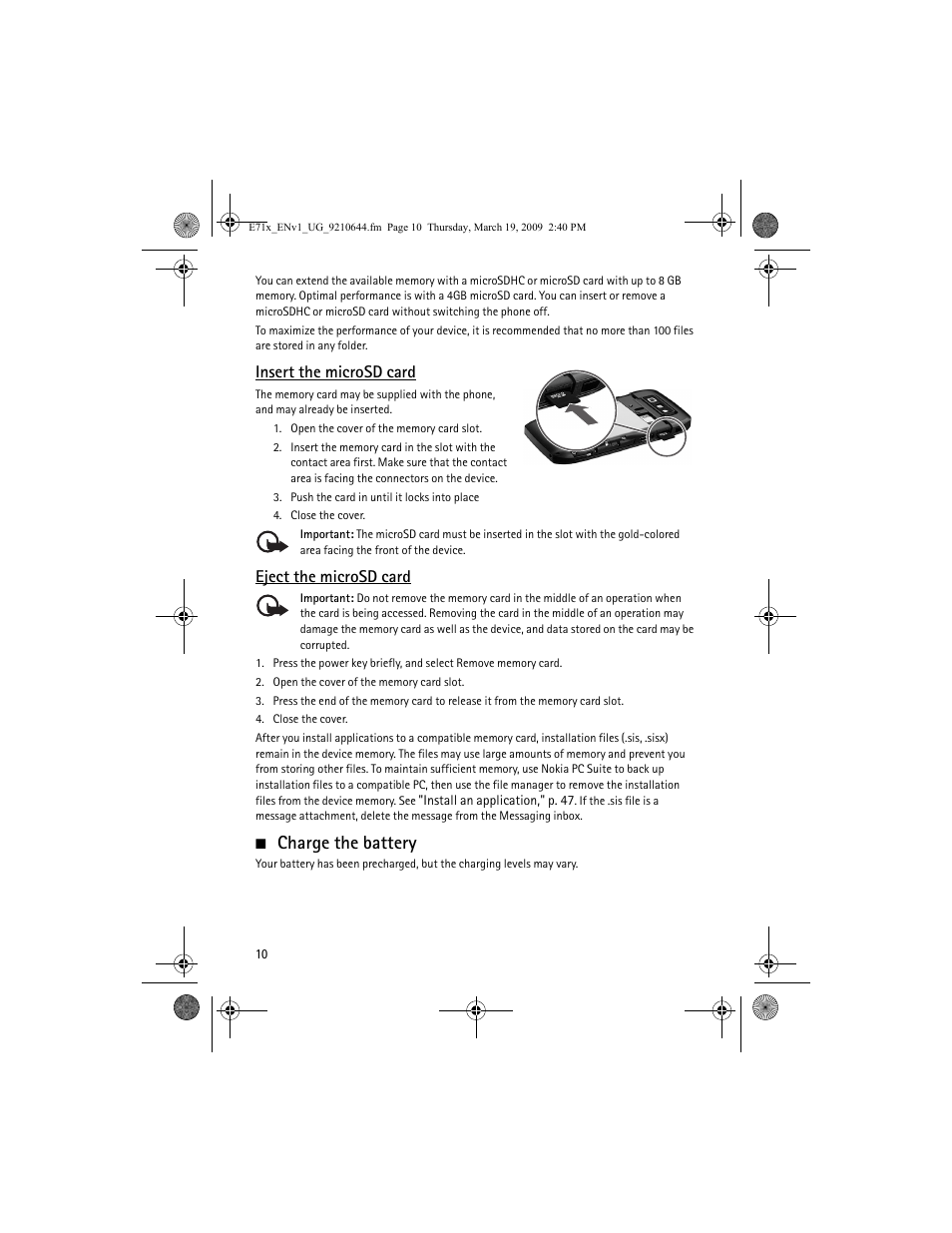 Charge the battery, Insert the microsd card, Eject the microsd card | Nokia E71x User Manual | Page 10 / 125