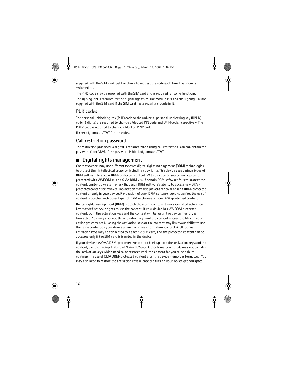 Digital rights management, Puk codes, Call restriction password | Nokia E71x User Manual | Page 12 / 125