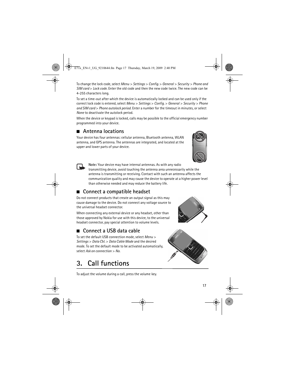 Antenna locations, Connect a compatible headset, Connect a usb data cable | Call functions | Nokia E71x User Manual | Page 17 / 125