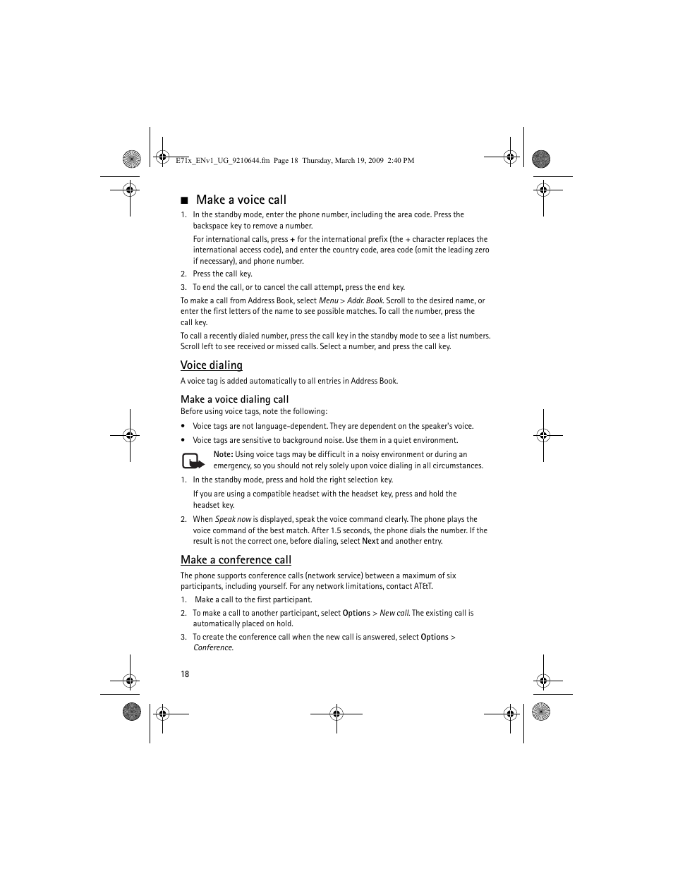 Make a voice call, Voice dialing, Make a conference call | Nokia E71x User Manual | Page 18 / 125