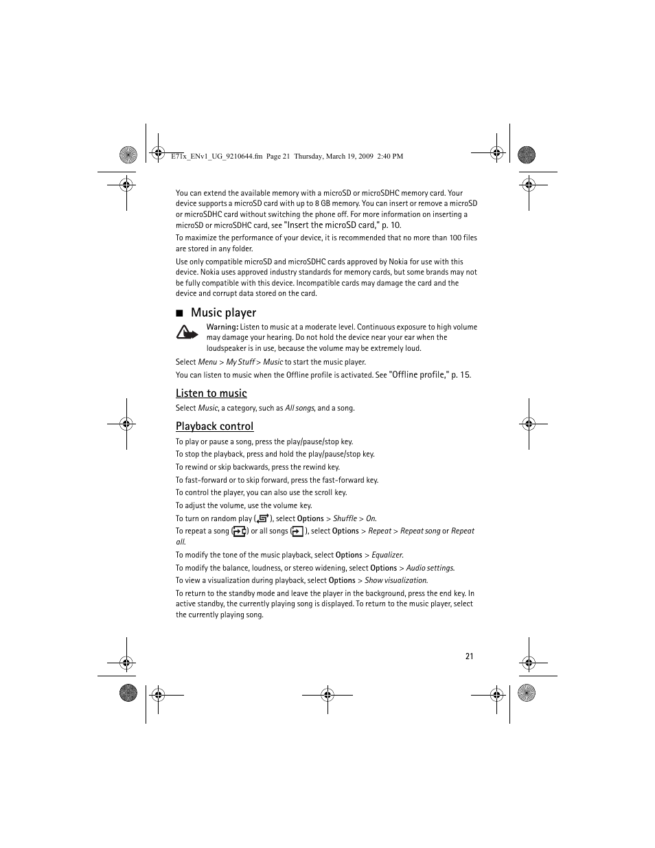 Music player, Listen to music, Playback control | Nokia E71x User Manual | Page 21 / 125