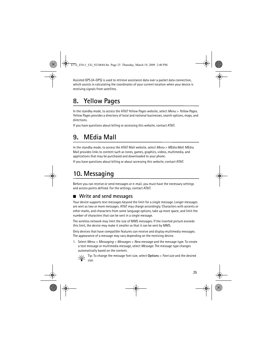 Media mall, Messaging, Write and send messages | Yellow pages | Nokia E71x User Manual | Page 25 / 125