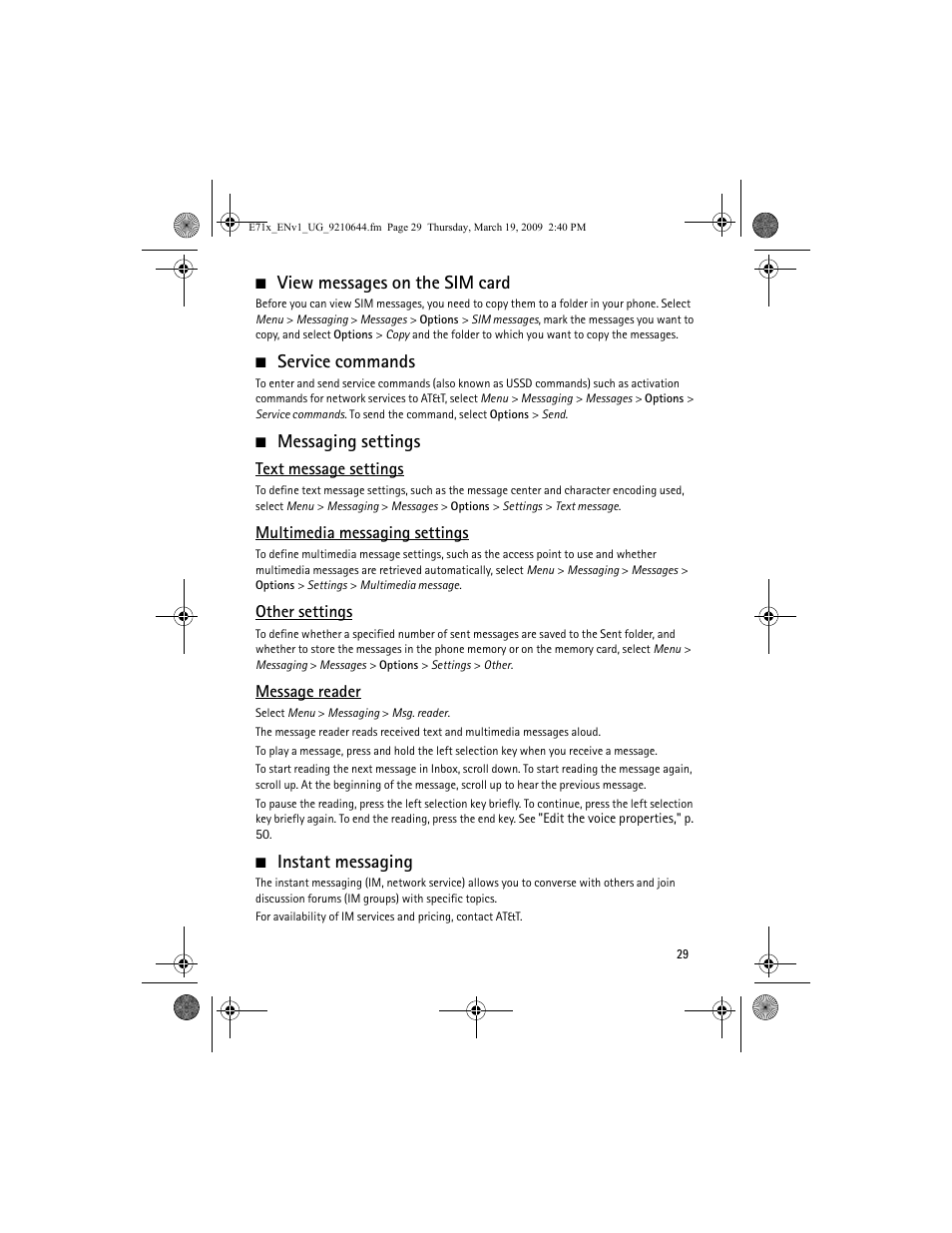 View messages on the sim card, Service commands, Messaging settings | Instant messaging | Nokia E71x User Manual | Page 29 / 125