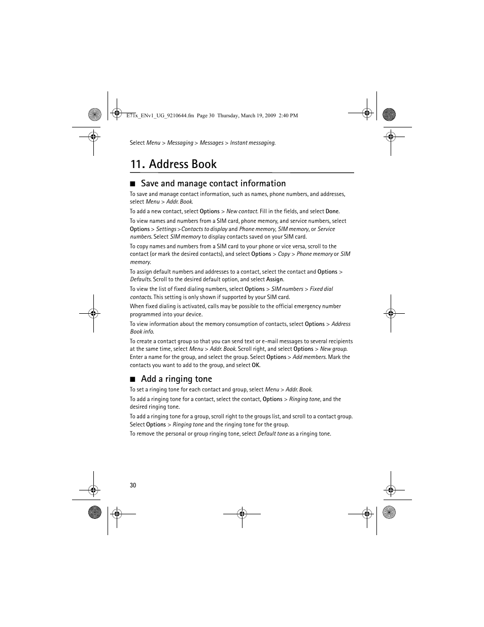 Address book, Save and manage contact information, Add a ringing tone | Nokia E71x User Manual | Page 30 / 125