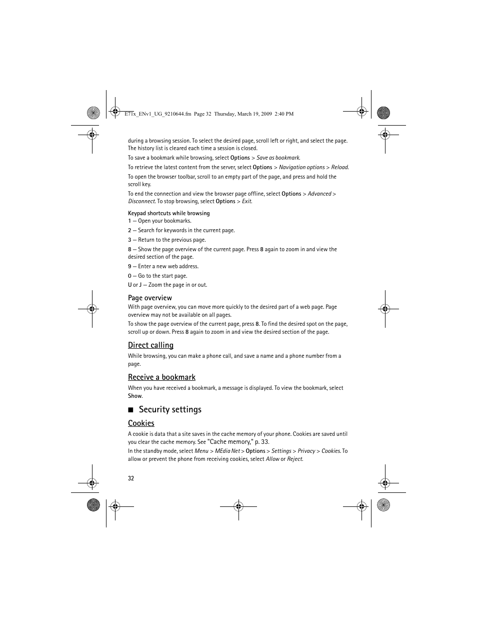 Security settings, Direct calling, Receive a bookmark | Cookies | Nokia E71x User Manual | Page 32 / 125